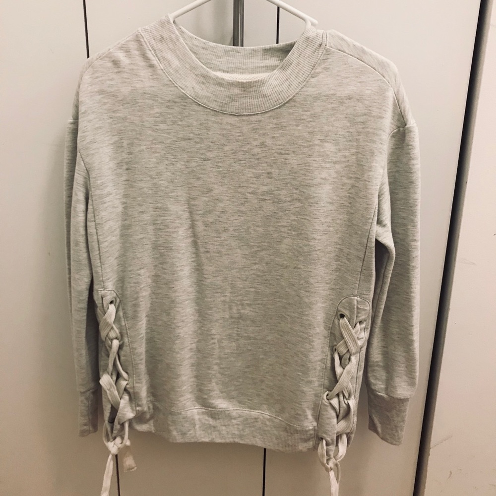 Super soft gray pullover with lace up side detail